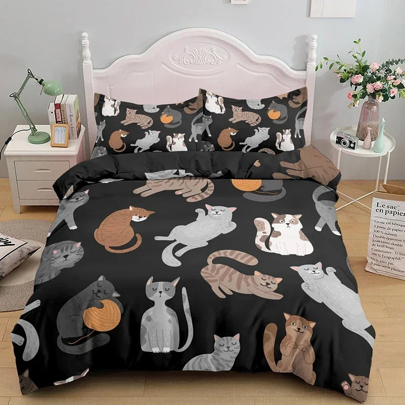 3PCS Single- Sided Printed Bedding Set, Cartoon Cat Duvet cover, Two Pillowcases