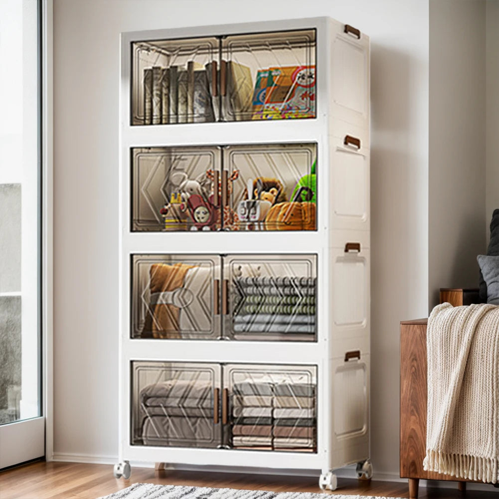 4 Tier Stackable Storage Bins With Lids, Doors, And Wheels. Foldable Organization