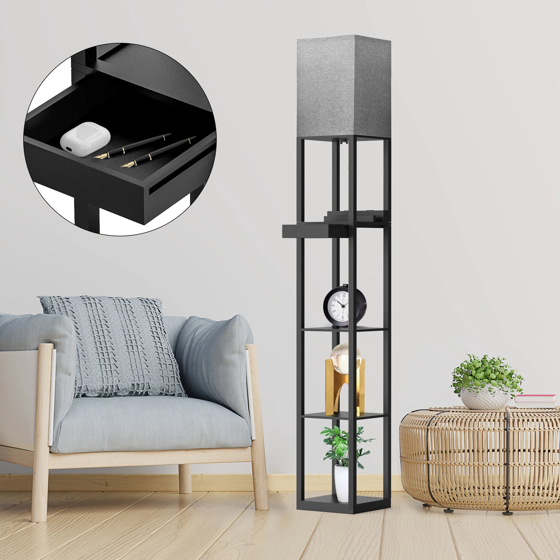 67" Column Floor Lamp With Shelves, Solid Wood, USB, Storage Drawer