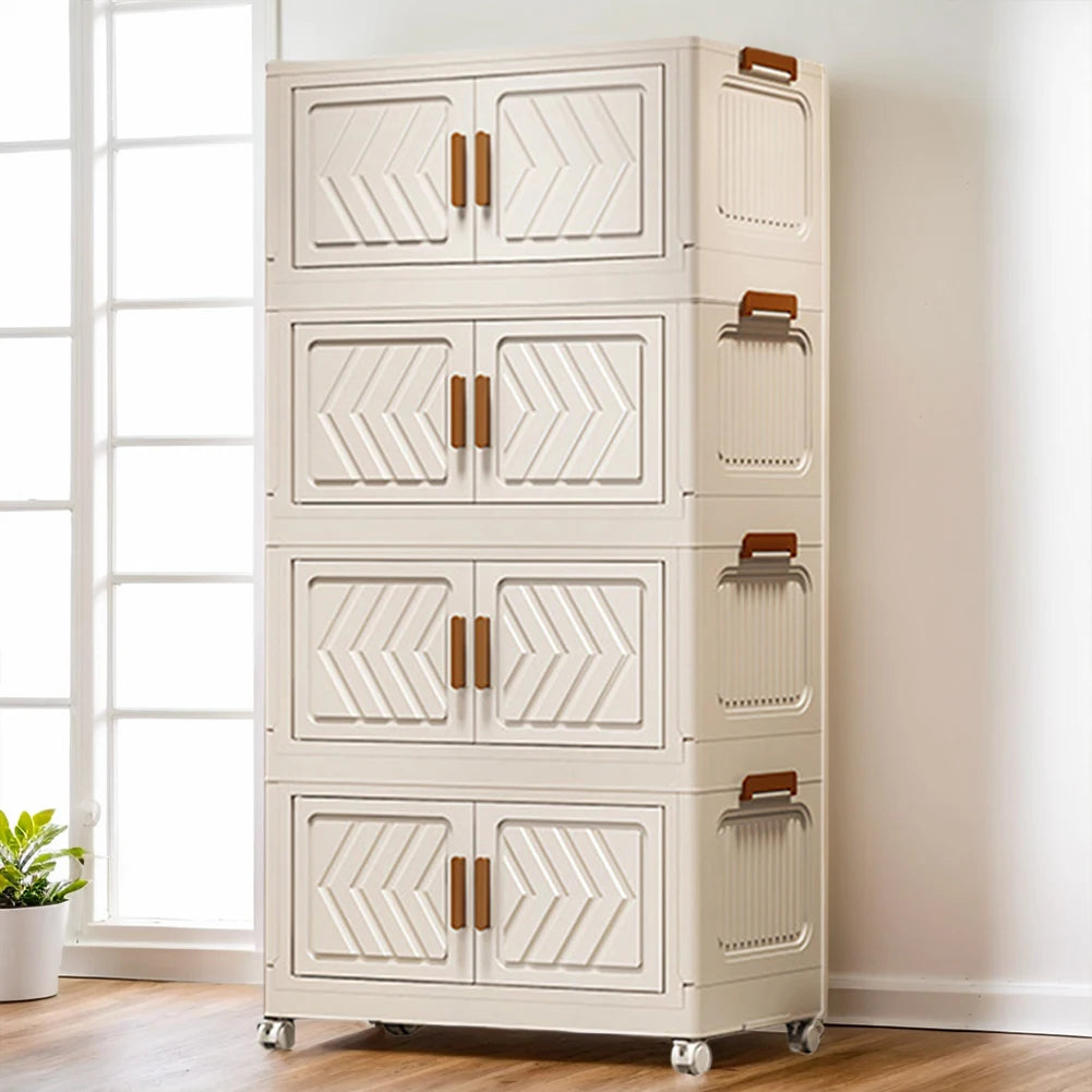 4 Tier Stackable Storage Bins With Lids, Doors, And Wheels. Foldable Organization