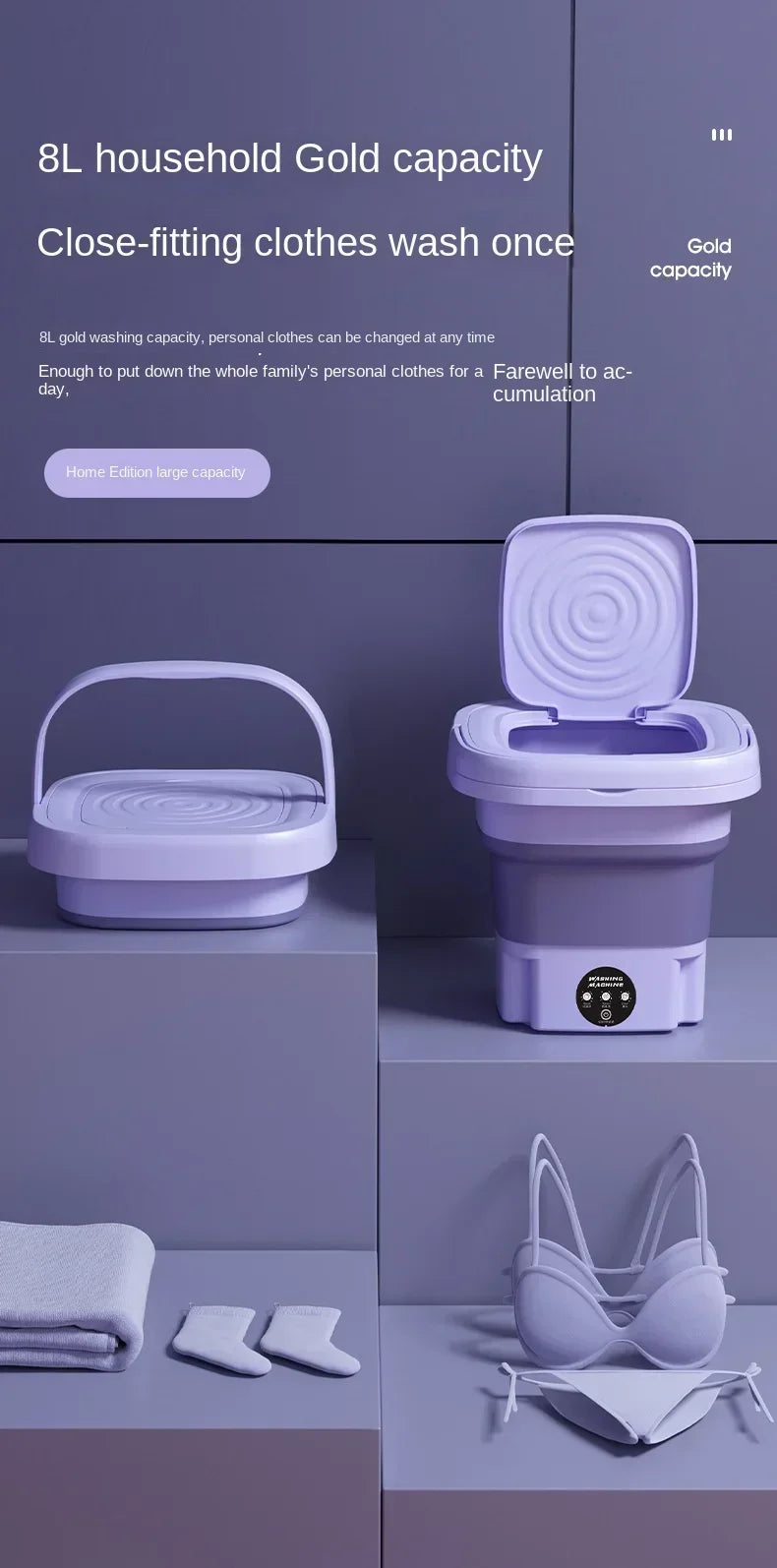 Portable Washing Machine, 8L Small Foldable Spin Dryer, Mini Laundry for Socks and Underwear Lightweight Efficient