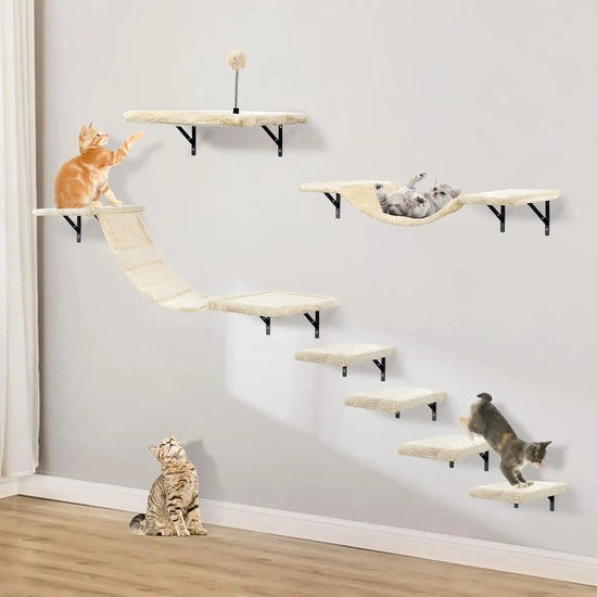 Wall-Mounted Cat Climber Set with Shelves, Perches, Bridge, Hammock & Scratching Board - 7 Pcs Wood Indoor Furniture for Cats