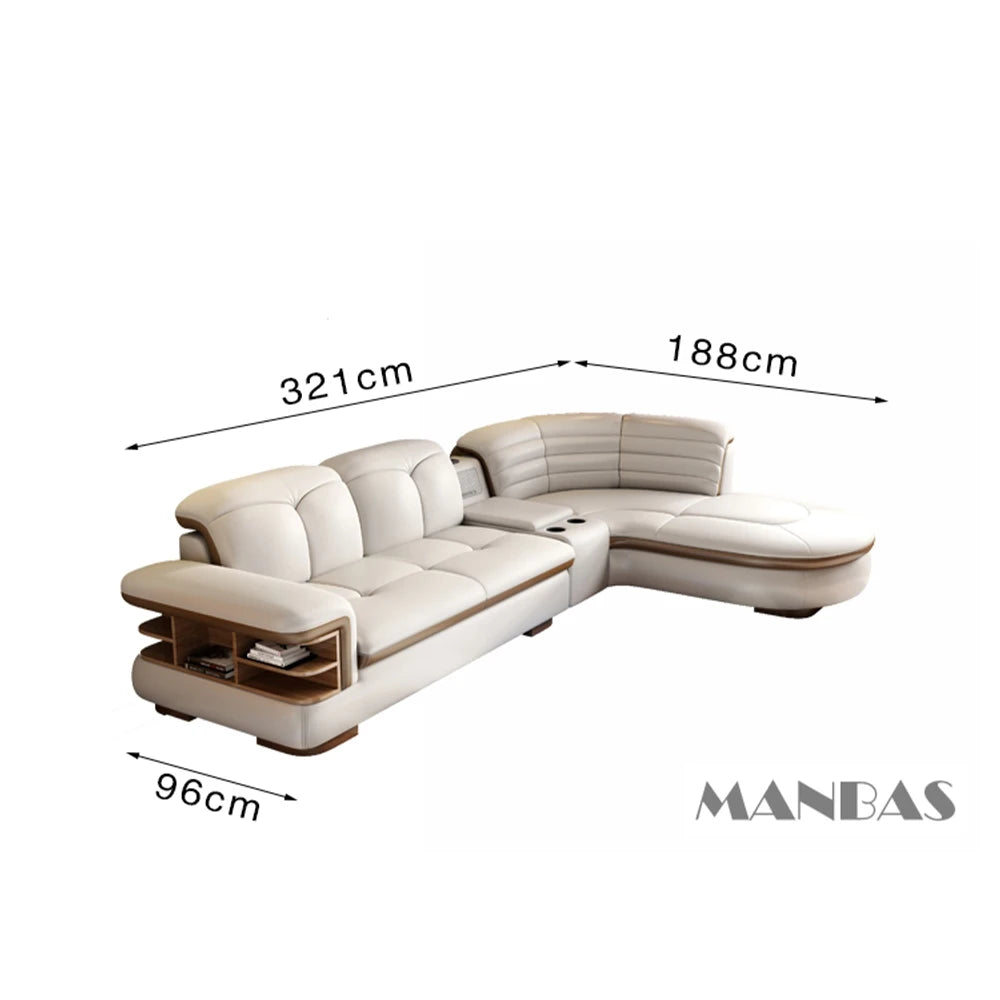 Luxury L-Shaped Genuine  Leather Sectional Sofa, USB, Bluetooth Speaker