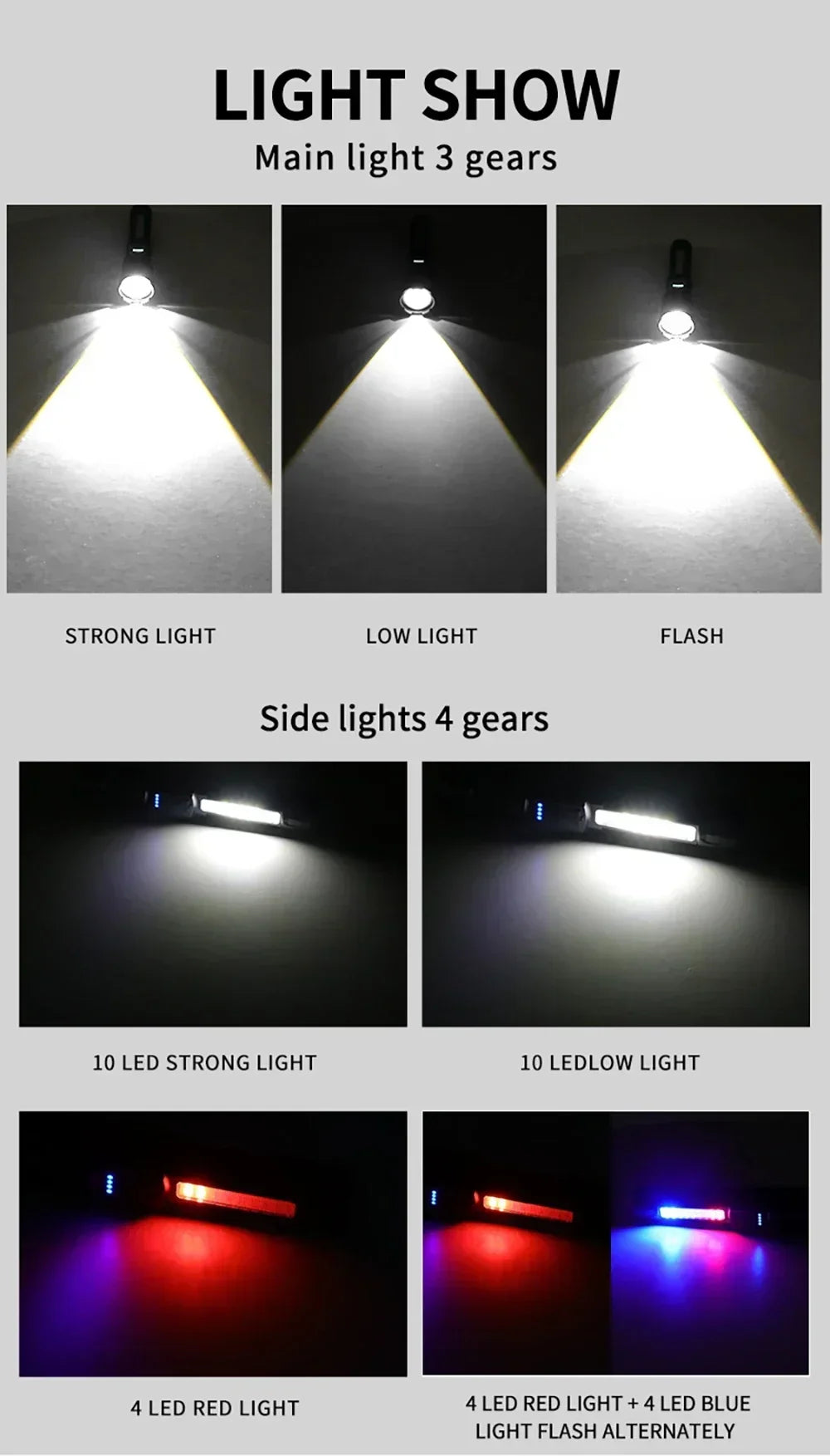 Rechargeable LED Flashlight Zoomable Torch COB Side Led 7 Modes Waterproof High Power, Outdoor