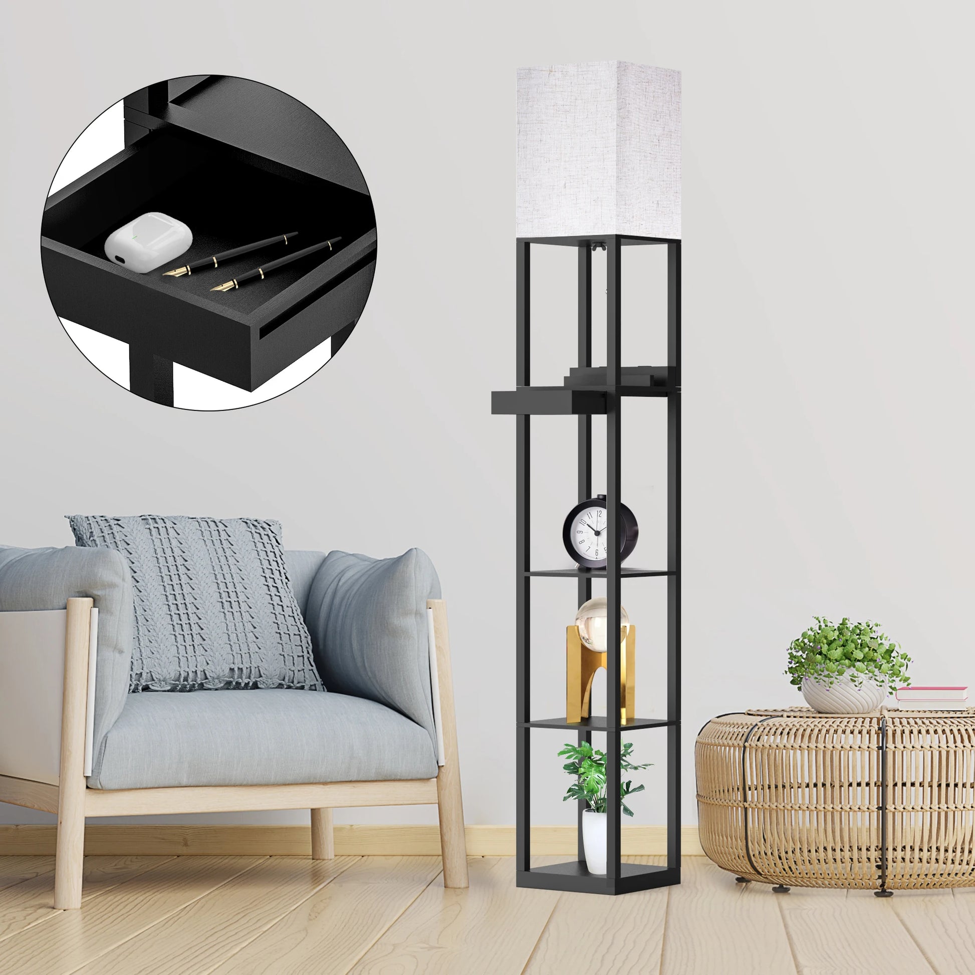 67" Column Floor Lamp with Shelves, Solid Wood, USB Ports, Storage Drawer and Bulb Included