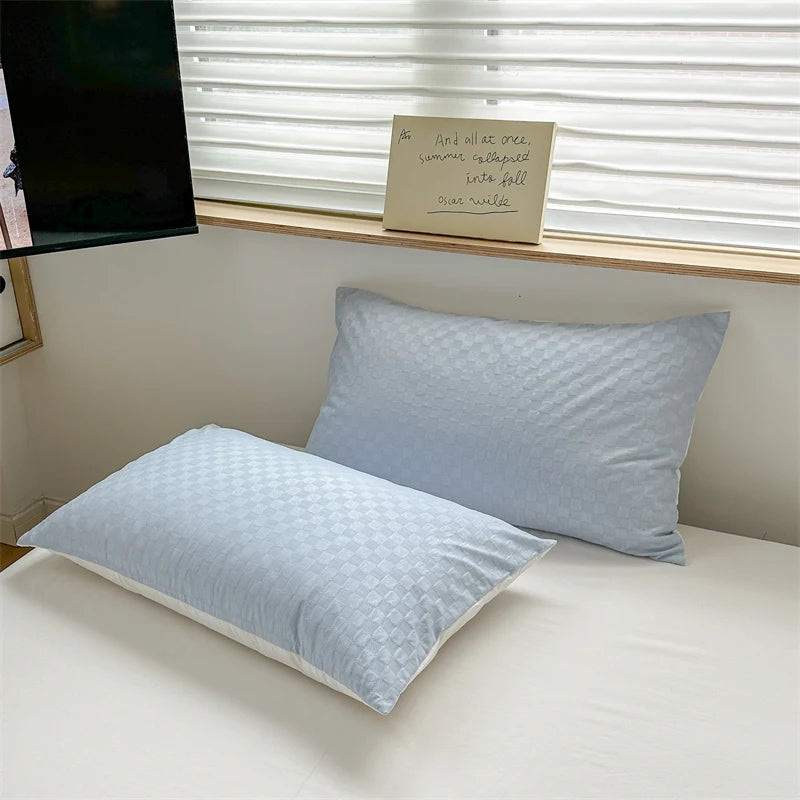 Cotton Waffle Jacquard Bedding Set, Duvet Cover with Zipper, Pillow Cases, Contrasting Color Super Soft