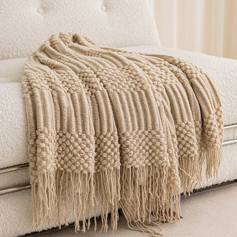 Khaki Knitted Throw/Blanket With Fringe Luxury Farmhouse