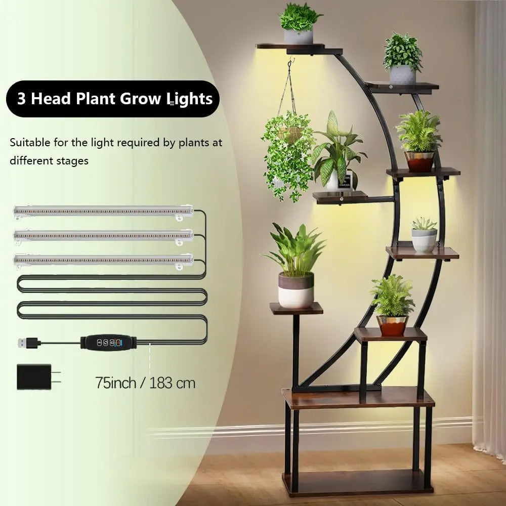 Black Plant Stand With Grow Light 9 Tiered