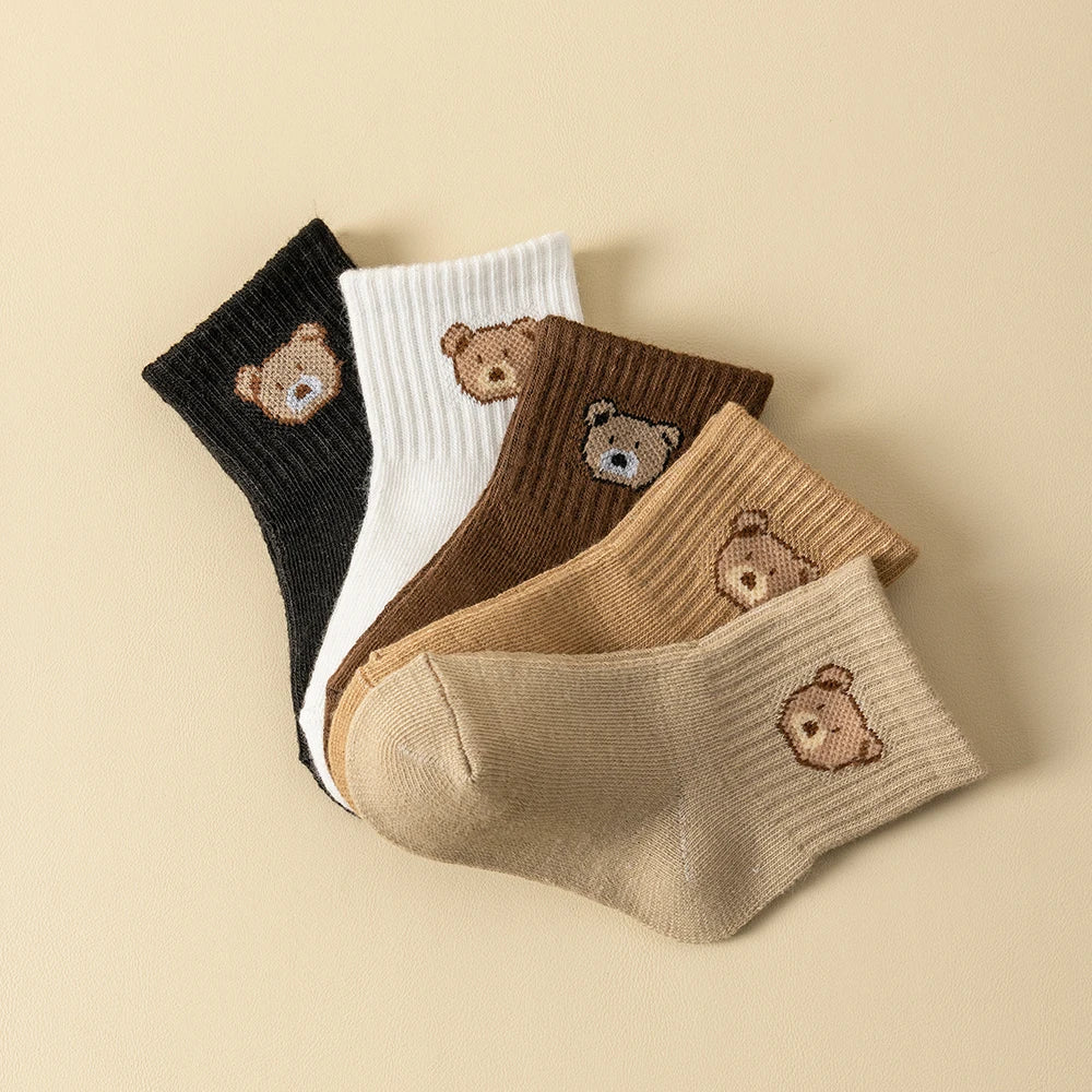 Cartoon Bear Pattern Toddler Baby Socks, 5 Pairs, Comfortable Breathable Footwear