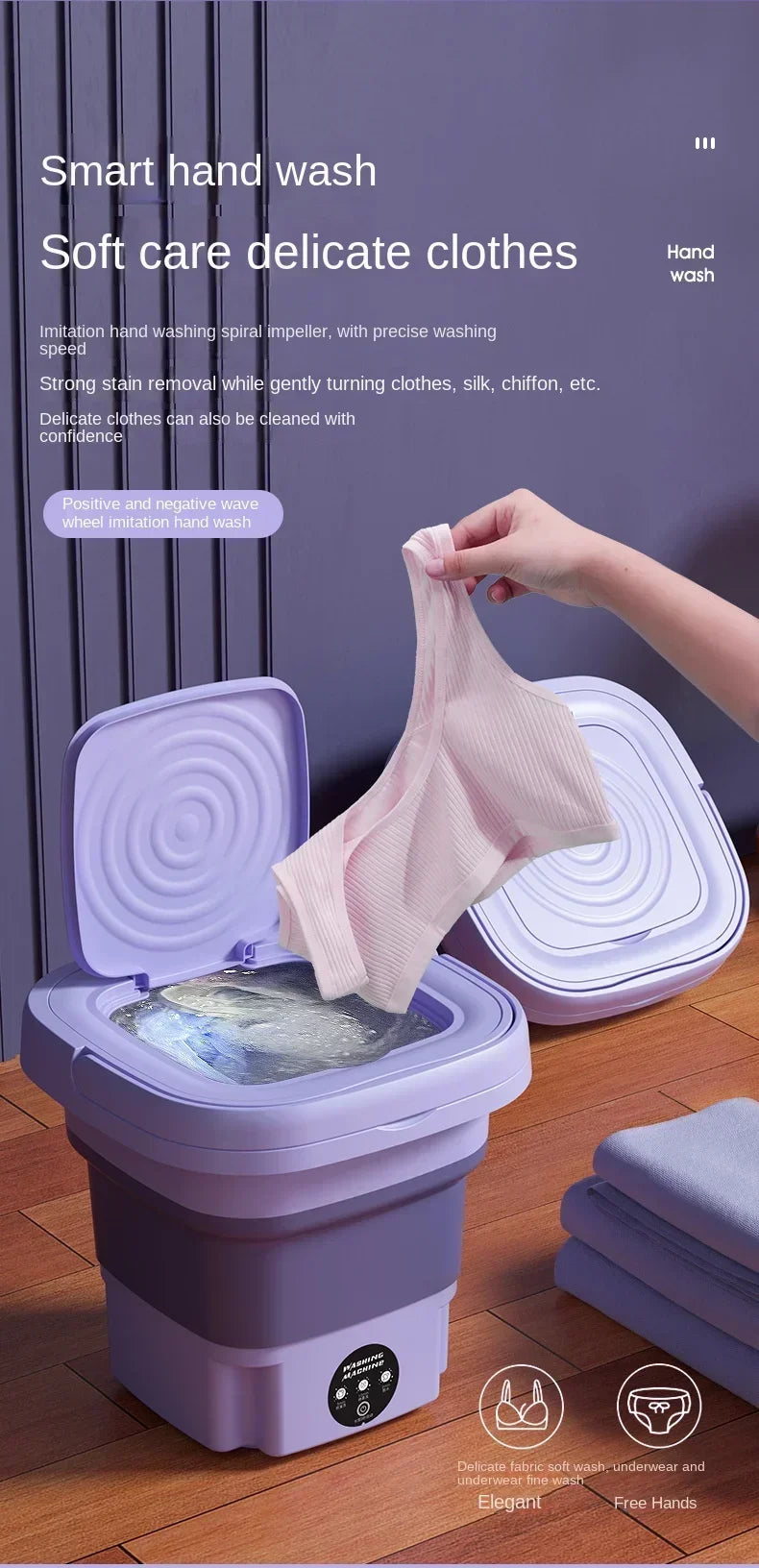 Portable Washing Machine, 8L Small Foldable Spin Dryer, Mini Laundry for Socks and Underwear Lightweight Efficient