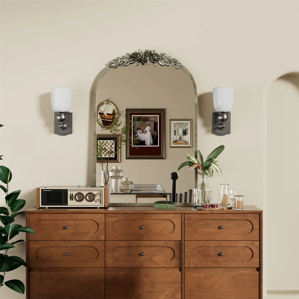 Arched Antique Brass Wall Mirror, Pretty on Mantel, Entryway