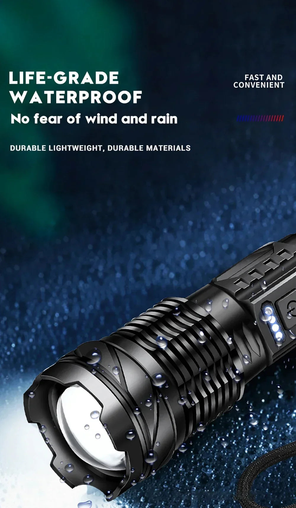 Rechargeable LED Flashlight Zoomable Torch COB Side Led 7 Modes Waterproof High Power, Outdoor