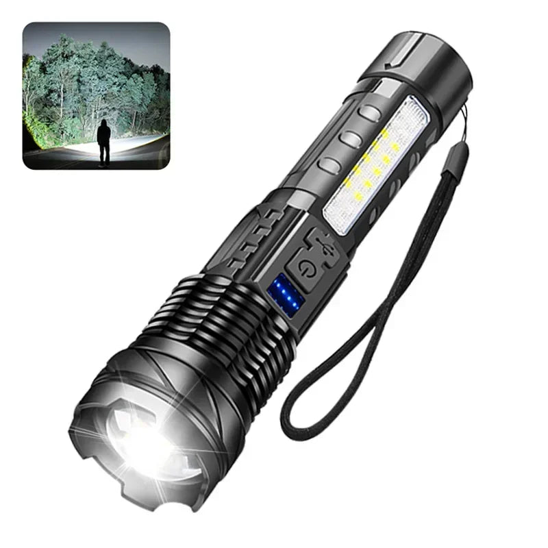 Rechargeable LED Flashlight Zoomable Torch COB Side Led 7 Modes Waterproof High Power, Outdoor