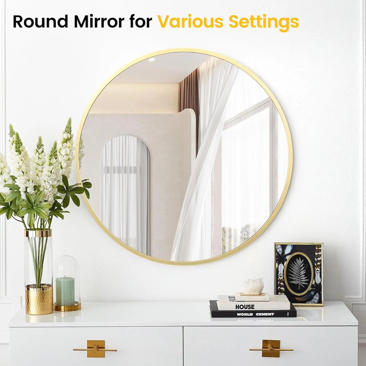 E-Thick Round Mirror Gold Aluminum Frame Wall Mounted