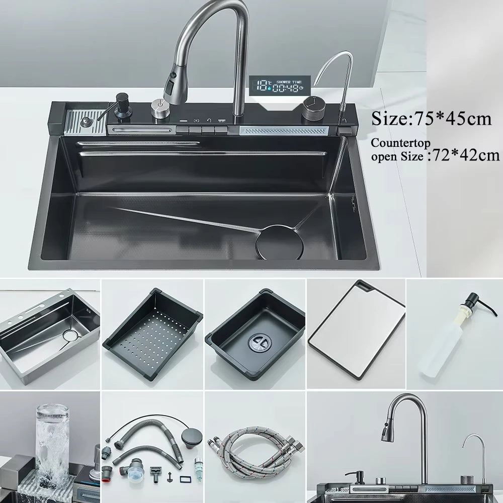 304 Stainless Steel Waterfall Kitchen Sink Integrated Digital Display Faucet