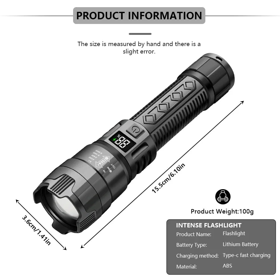 High Power 2000LM LED Flashlight Built-in Battery USB Rechargeable Strong Light Tactical Torch Outdoor Lantern