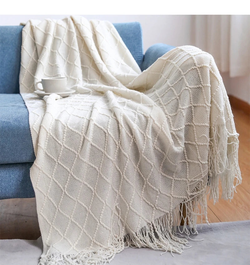 Khaki Knitted Throw/Blanket With Fringe Luxury Farmhouse