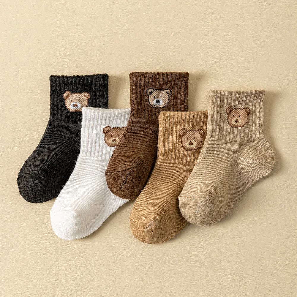 Cartoon Bear Pattern Toddler Baby Socks, 5 Pairs, Comfortable Breathable Footwear