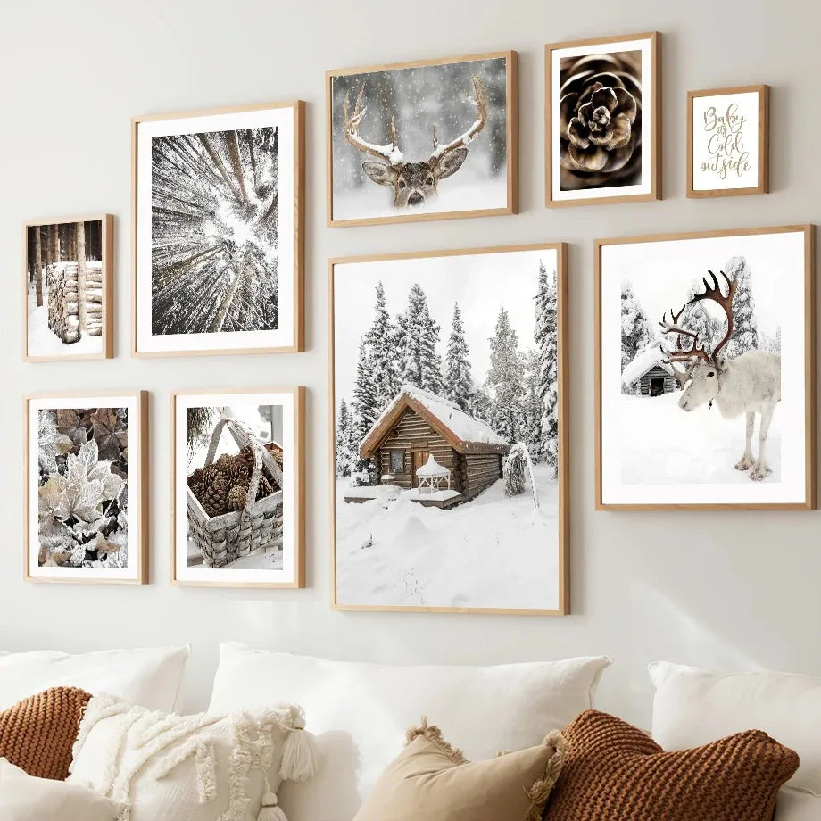 Wall Art Canvas Winter Snow House, Pine Tree, Reindeer