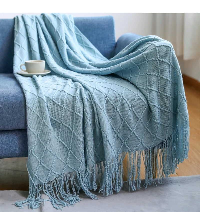 Khaki Knitted Throw/Blanket With Fringe Luxury Farmhouse