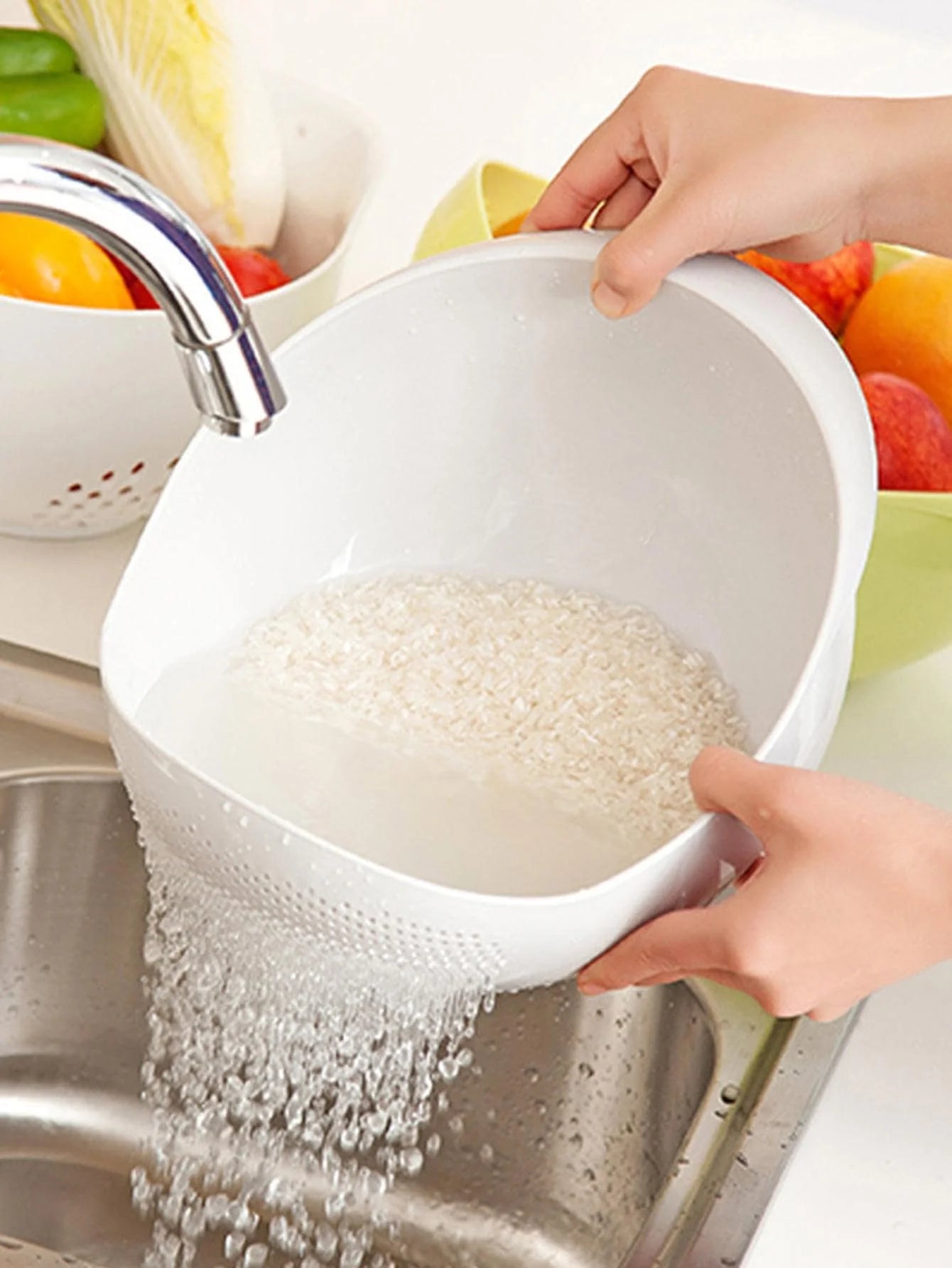 1/3pcs- Colander Rice Bowl Drain Basket Fruit Bowl Washing Drain Basket with Handle