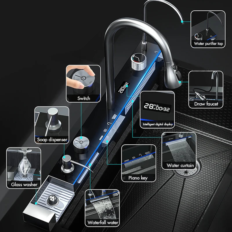 304 Stainless Steel Waterfall Kitchen Sink Integrated Digital Display Faucet