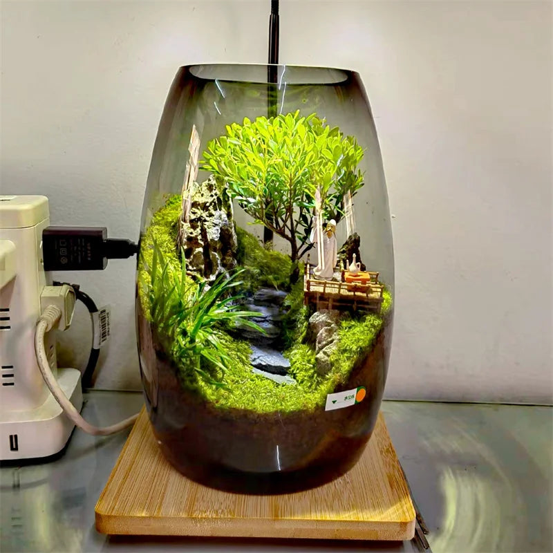 Glass Vase for Landscaping, Micro Scene, Green Moss, Succulents, Fish, Desktop Decor