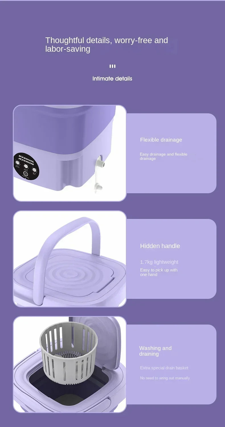 Portable Washing Machine, 8L Small Foldable Spin Dryer, Mini Laundry for Socks and Underwear Lightweight Efficient