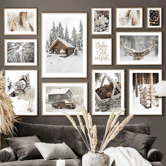 Wall Art Canvas Winter Snow House, Pine Tree, Reindeer