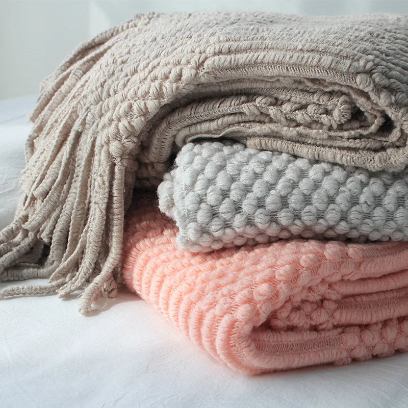 Khaki Knitted Throw/Blanket With Fringe Luxury Farmhouse