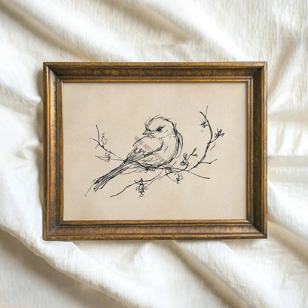 Vintage Bird Art Print Poster Antique Bird Sketch Wall Art Canvas Painting Vintage Country Bird Neutral Farmhouse Room Decor