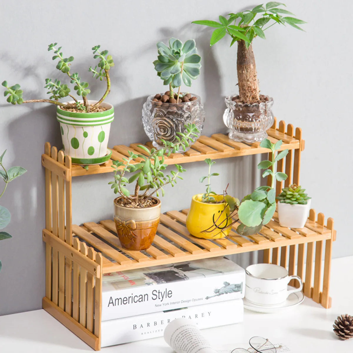2 Tier Natural Bamboo Shelf For Plants, Books, Household