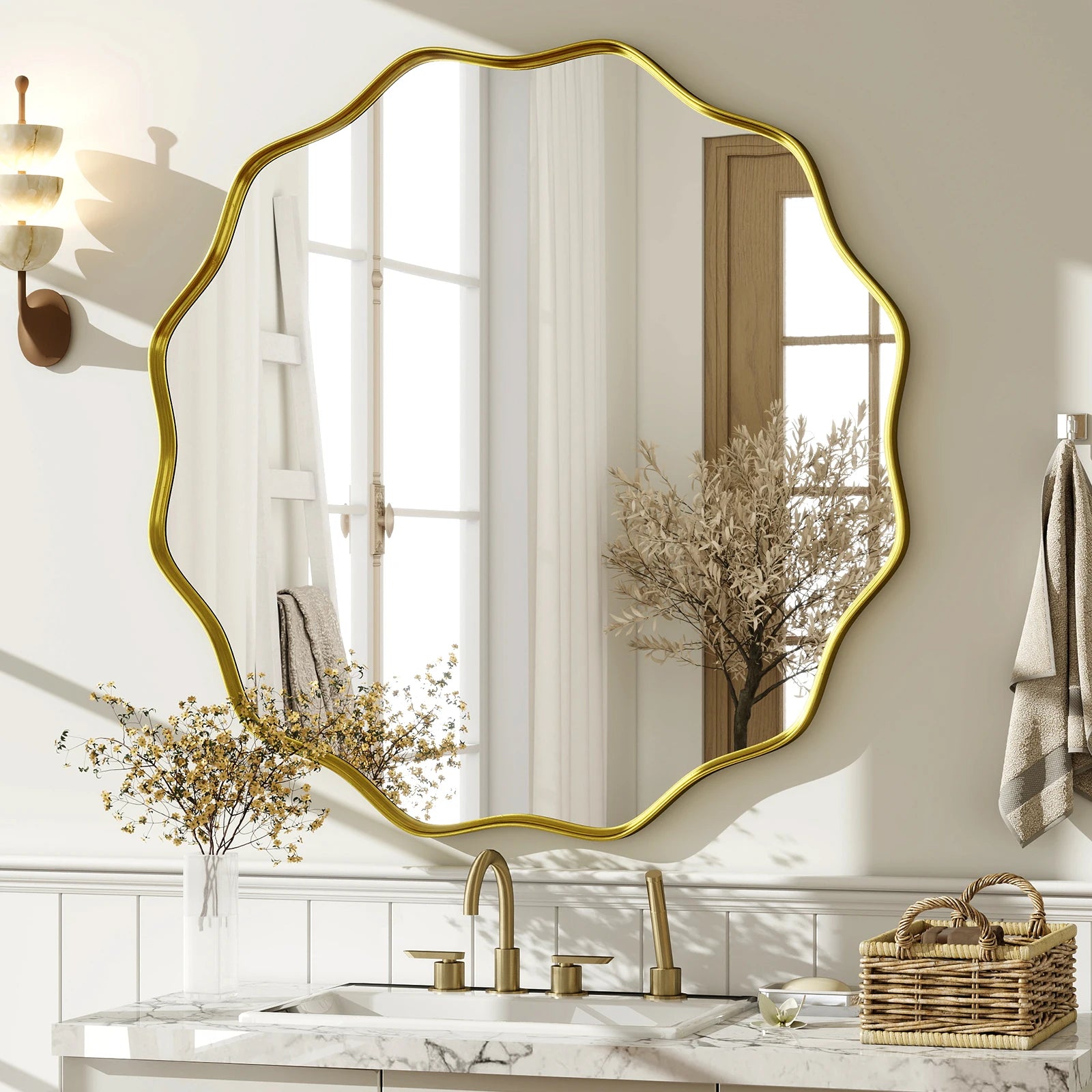 Wavy Round Mirror Decorative Wall Mirror with Deep Frame