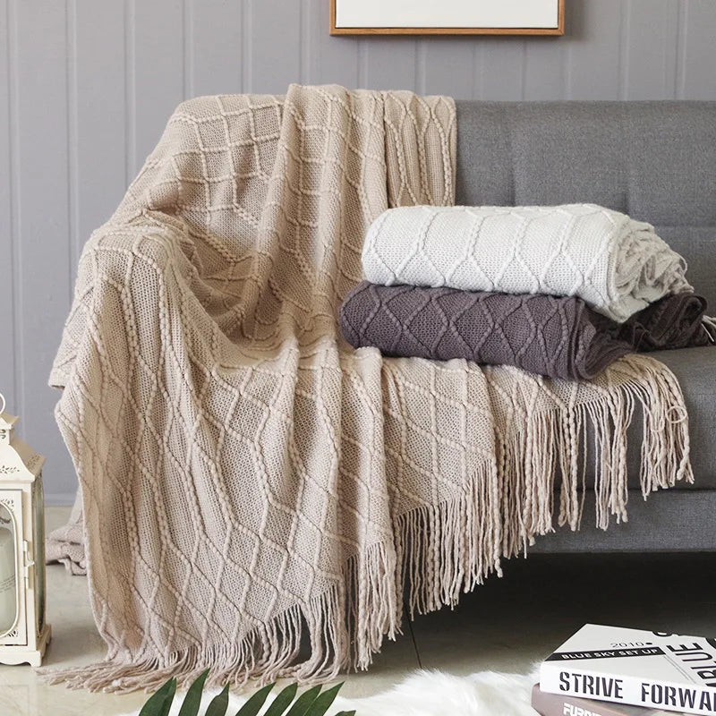 Nordic Knitted Throw Blanket with Fringe Luxury Bed or Sofa