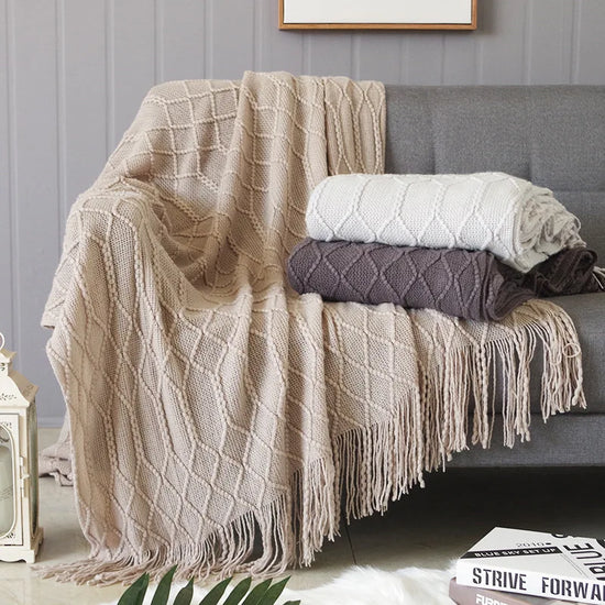 Nordic Knitted Throw Blanket with Fringe Luxury Bed or Sofa