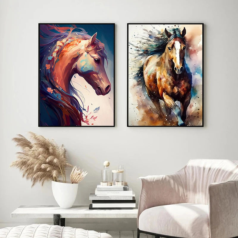 Watercolors Of Various Styles Horses Canvas Wall Art