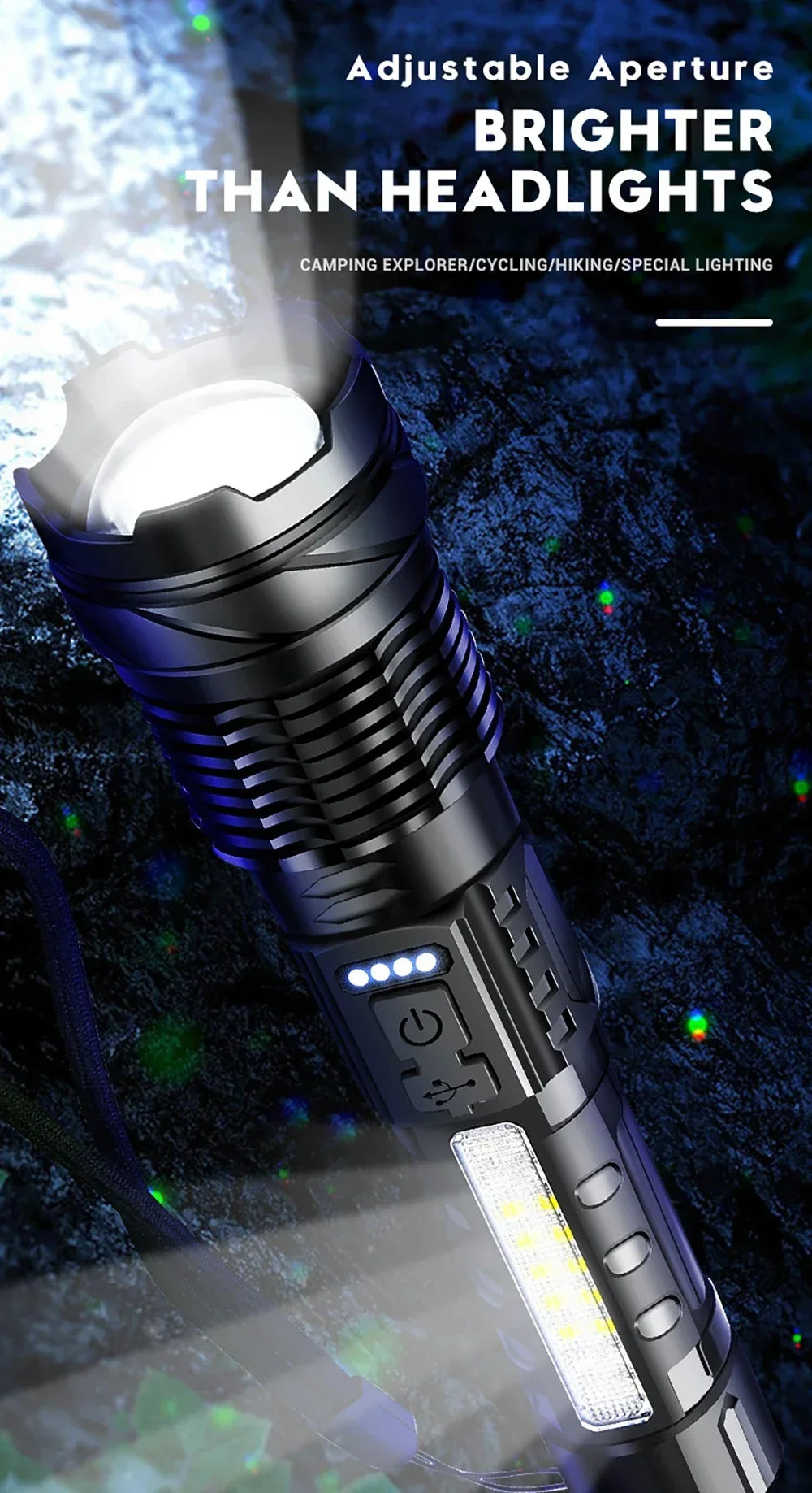 Rechargeable LED Flashlight Zoomable Torch COB Side Led 7 Modes Waterproof High Power, Outdoor