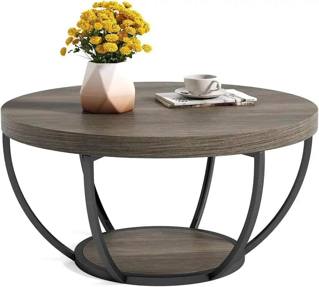 32" Circle Coffee Tables, 2-Tier Metal legs, With Open Storage