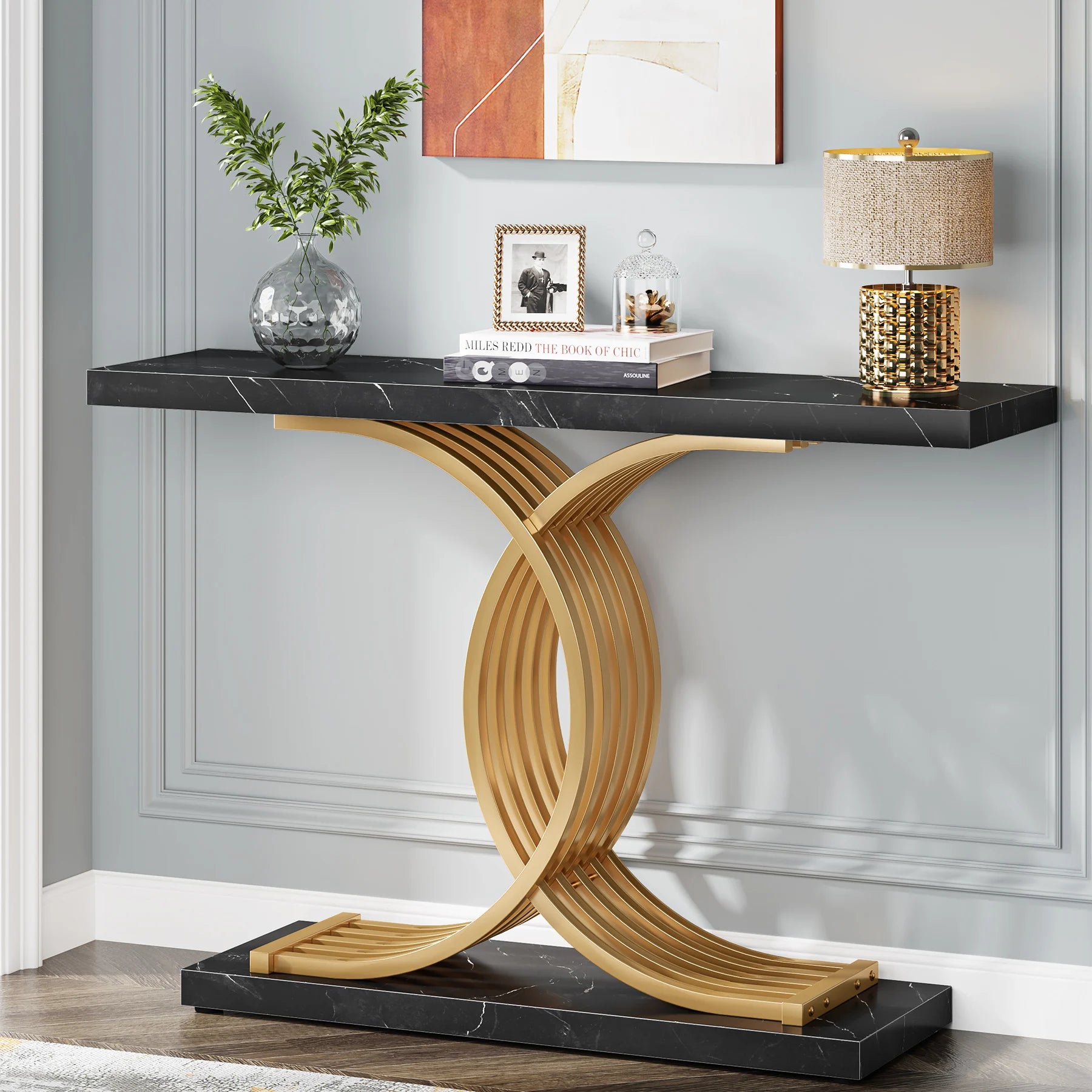 Tribesigns Entryway Table Faux Marble 39-Inch Console With Geometric Metal Legs