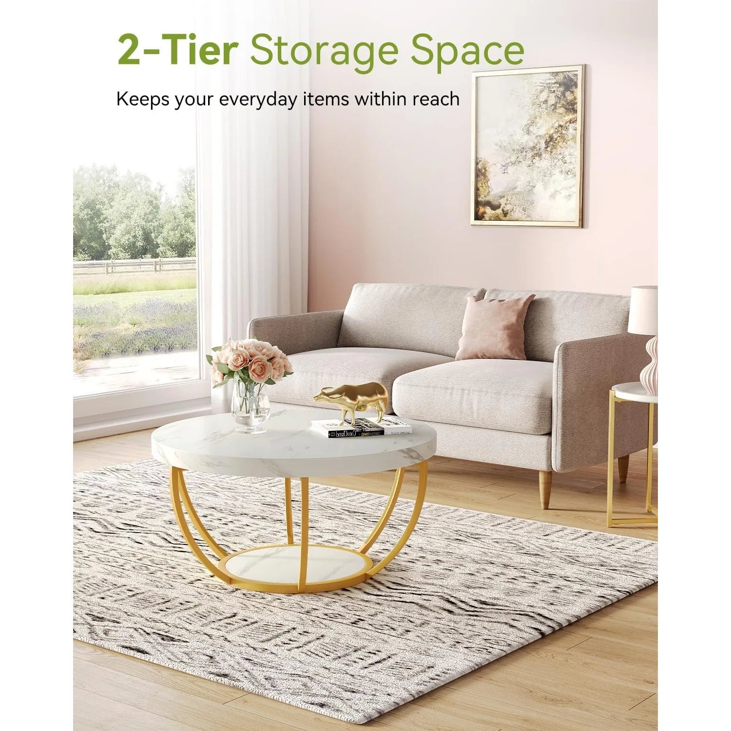 32" Circle Coffee Tables, 2-Tier Metal legs, With Open Storage