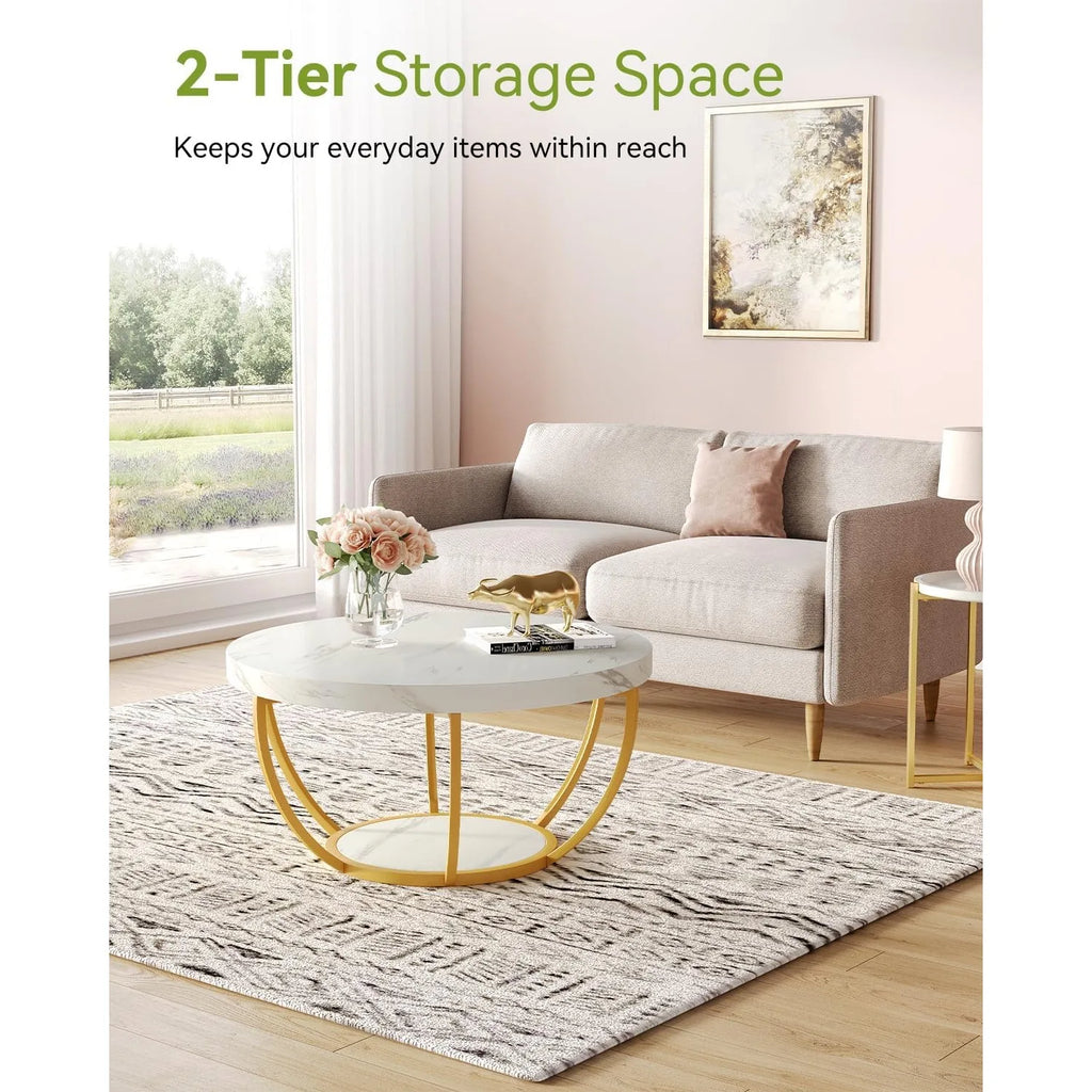 32" Circle Coffee Tables, 2-Tier Metal legs, With Open Storage