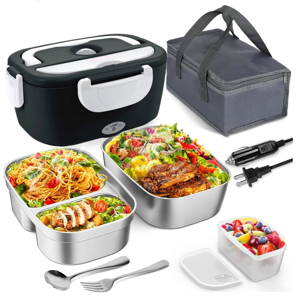 Electric Lunch Box for Adults-60W Fast Heated Lunch Box for Men & Women with Dual 1.5LStainless Steel Containers Fast Heating Portable