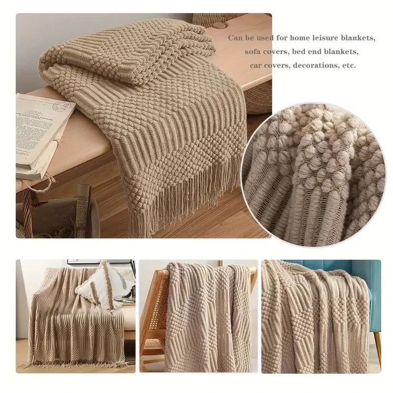 Khaki Knitted Throw/Blanket With Fringe Luxury Farmhouse