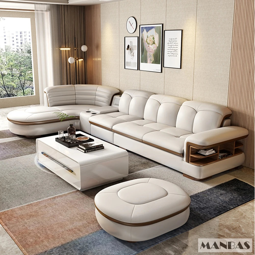 Luxury L-Shaped Genuine  Leather Sectional Sofa, USB, Bluetooth Speaker