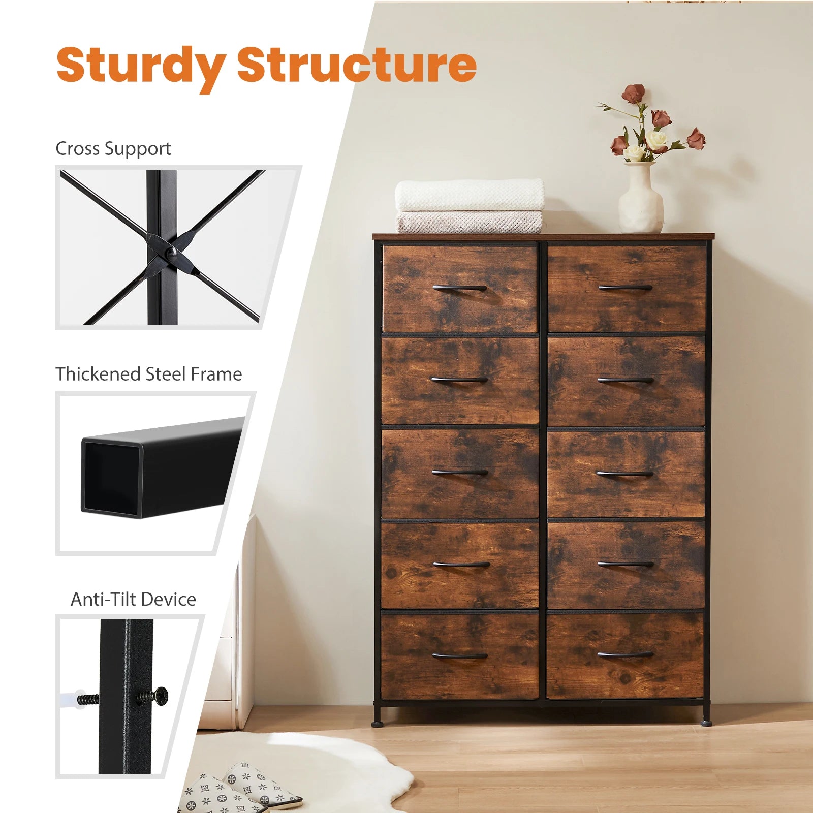 Wardrobe For Bedroom 10 Fabric Drawers, Steel Frame