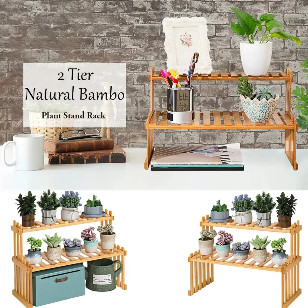 2 Tier Natural Bamboo Shelf For Plants, Books, Household