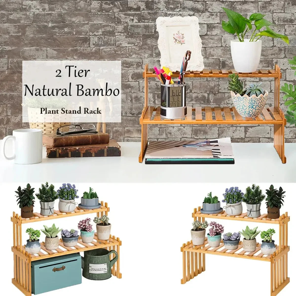 2 Tier Natural Bamboo Shelf For Plants, Books, Household