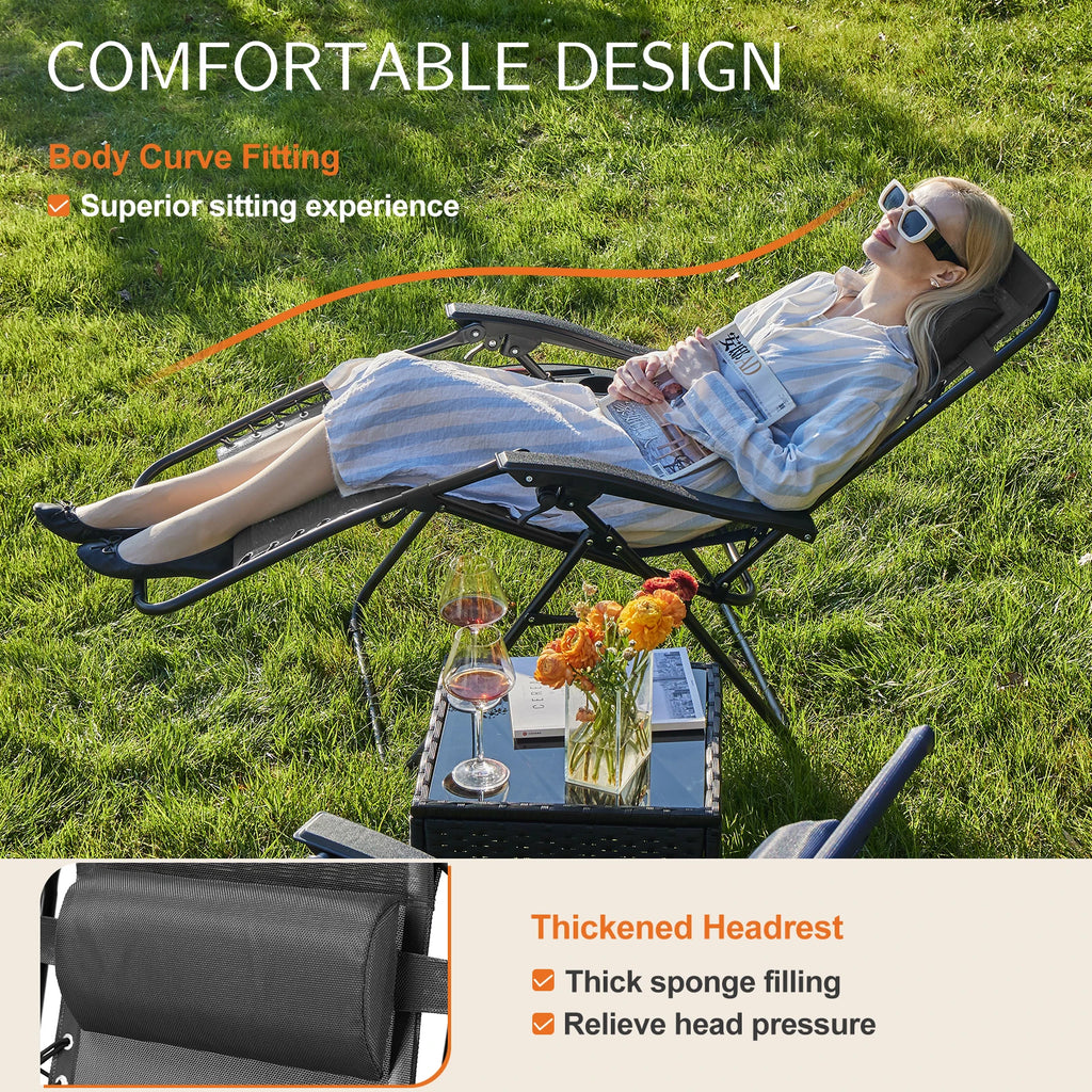 JKH Zero Gravity Set 2 Chairs Cup Holder Trays Adjustable Pillow