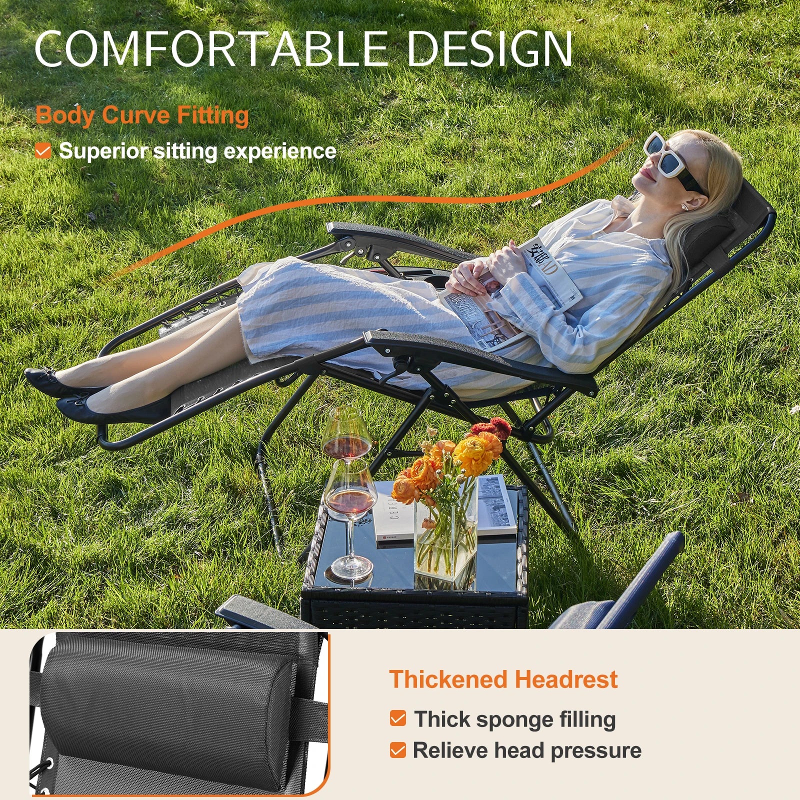 JKH Zero Gravity Set 2 Chairs Cup Holder Trays Adjustable Pillow