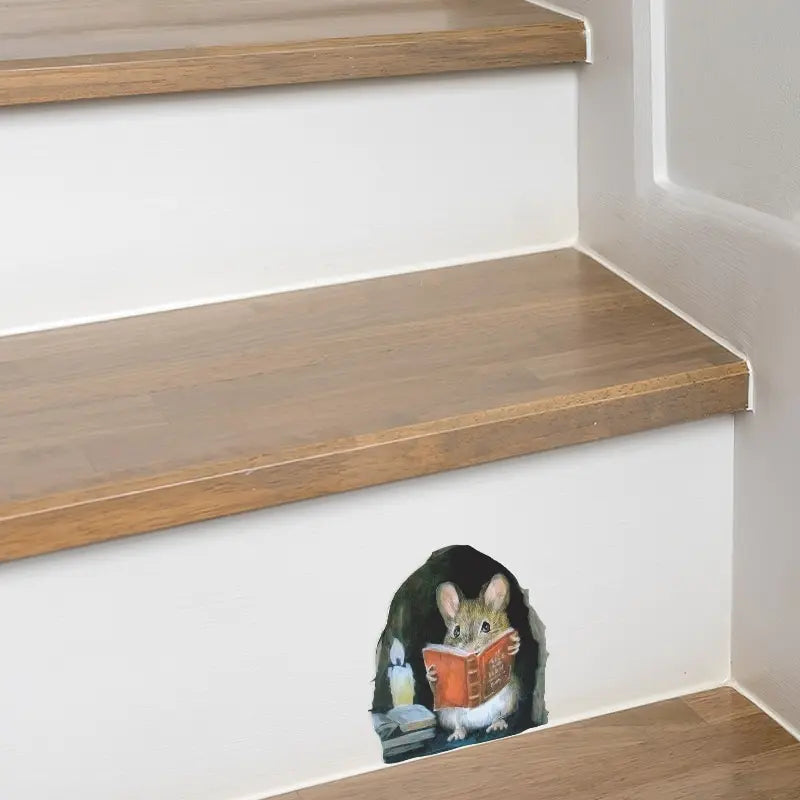 3Pc Realistic Reading Mouse Hole Sticker for Stairs  And Corners